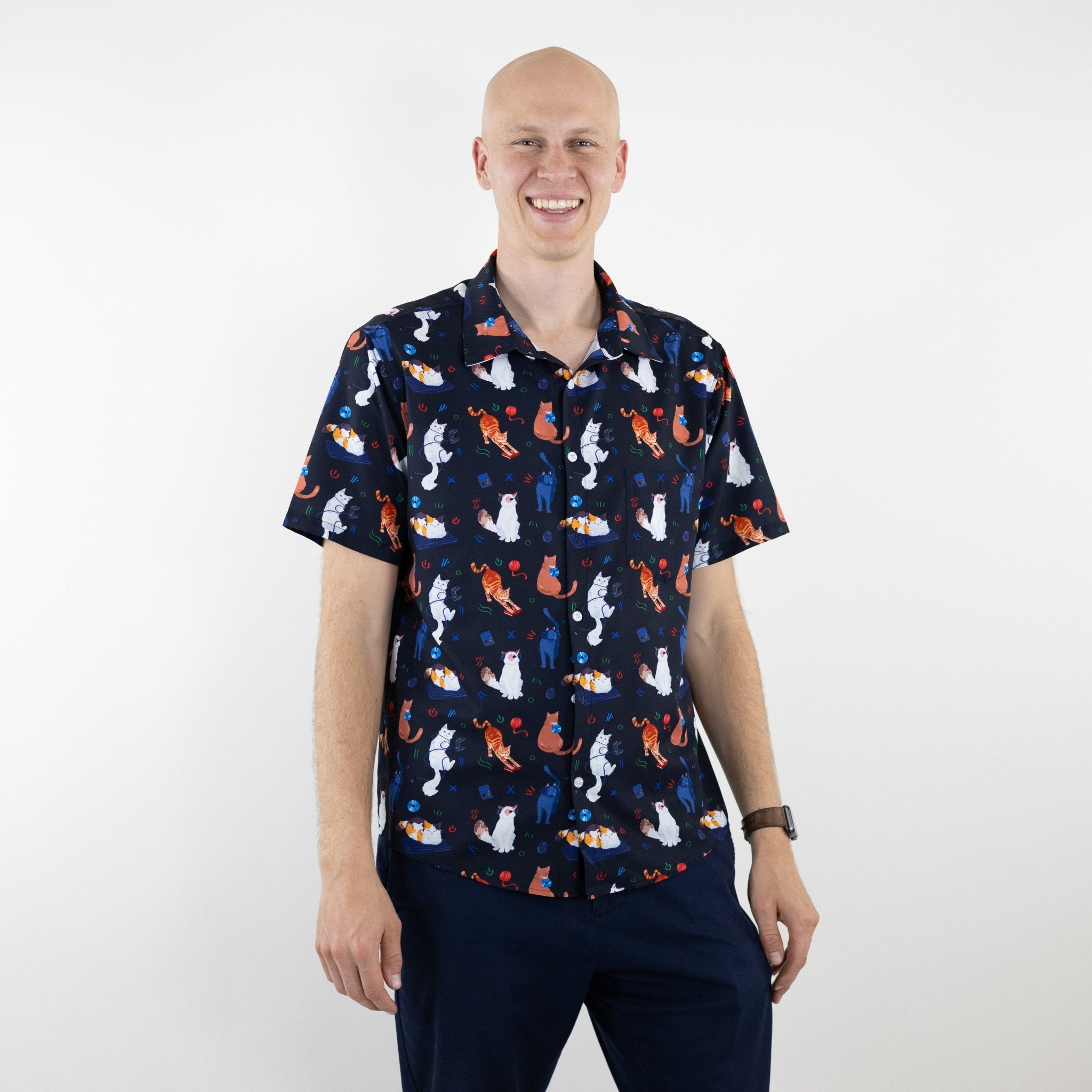 Ready-to-Ship Video Game Cats Dark Button Up Shirt - adult sizing - Animal Patterns - Design by Claire Murphy