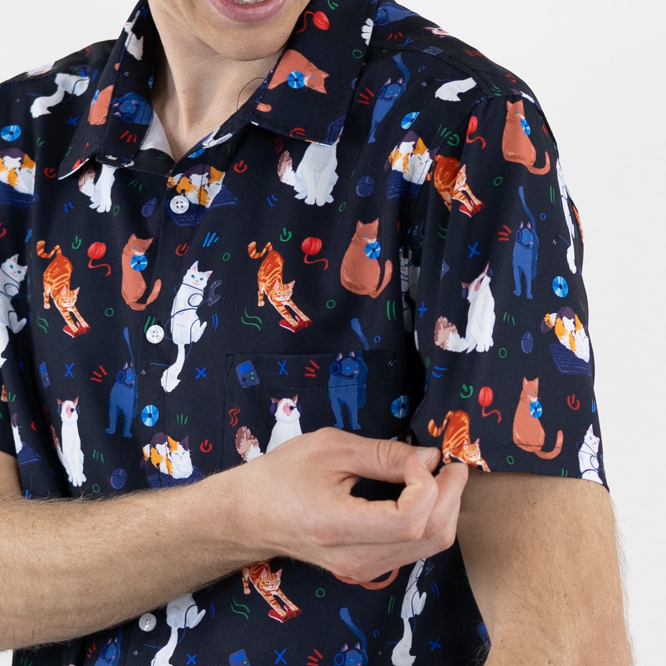 Ready-to-Ship Video Game Cats Dark Button Up Shirt - adult sizing - Animal Patterns - Design by Claire Murphy