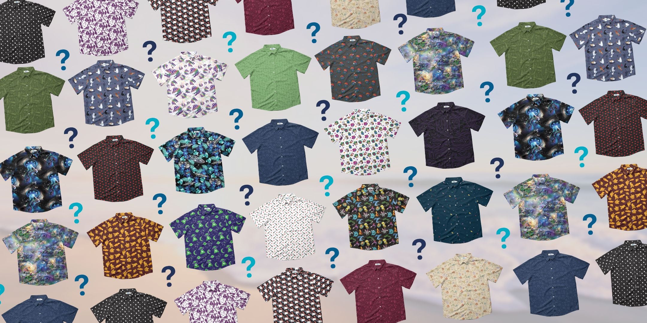 A wall of button up shirts with question marks between them, representing the difficulty of finding nerdy button up shirts. The shirts feature various geeky themes such as Fantasy, D&D, and dinosaurs, and come in cool patterns and unique designs.