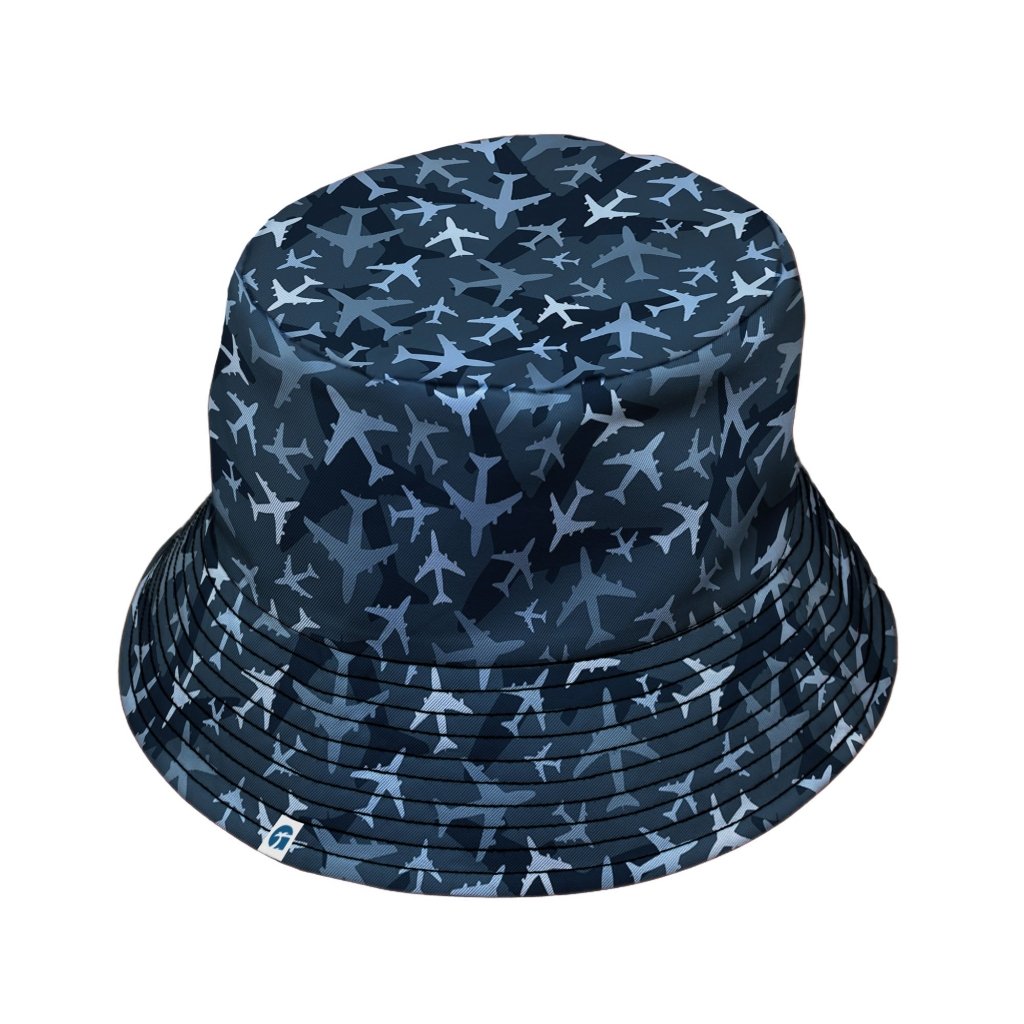 Airplanes Blue Camouflage Blue Bucket Hat - M - Grey Stitching - -