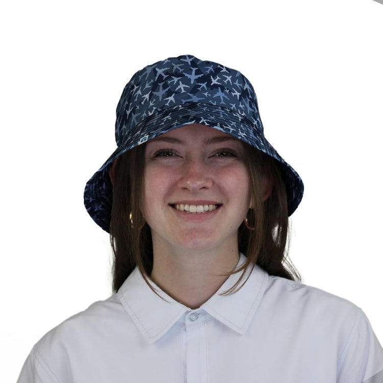 Airplanes Blue Camouflage Blue Bucket Hat - M - Black Stitching - -