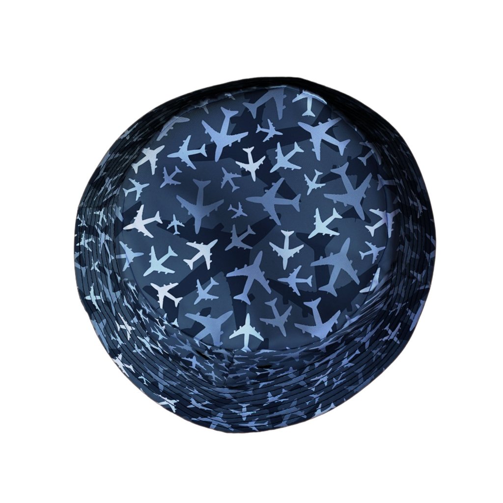 Airplanes Blue Camouflage Blue Bucket Hat - M - Black Stitching - -