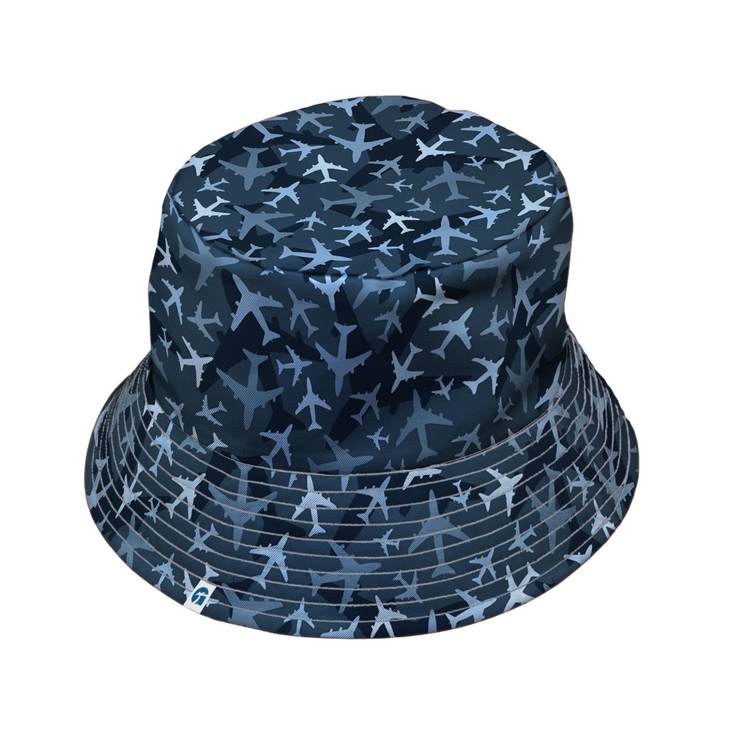 Airplanes Blue Camouflage Blue Bucket Hat - M - Black Stitching - -