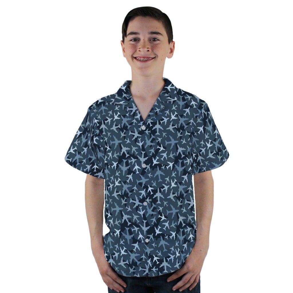 Airplanes Blue Camouflage Blue Youth Hawaiian Shirt - YL - -