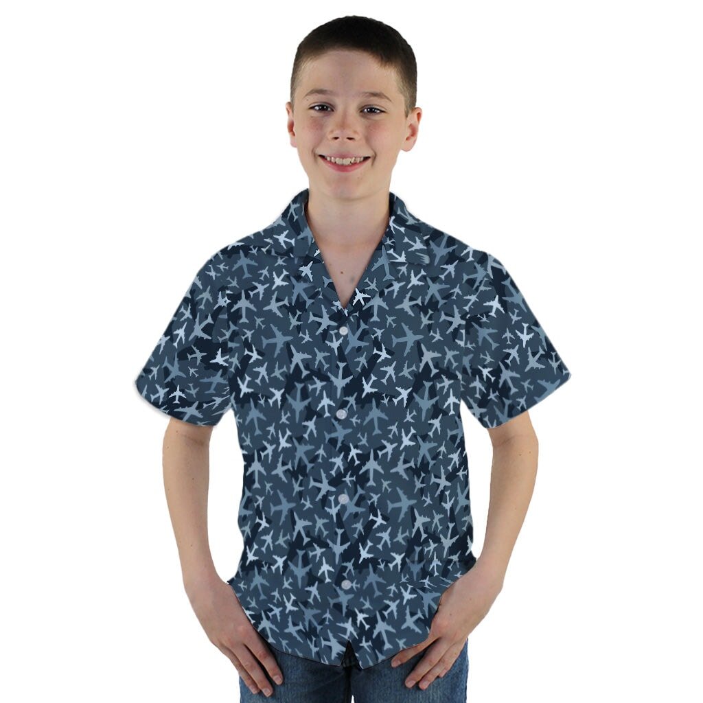 Airplanes Blue Camouflage Blue Youth Hawaiian Shirt - YM - -