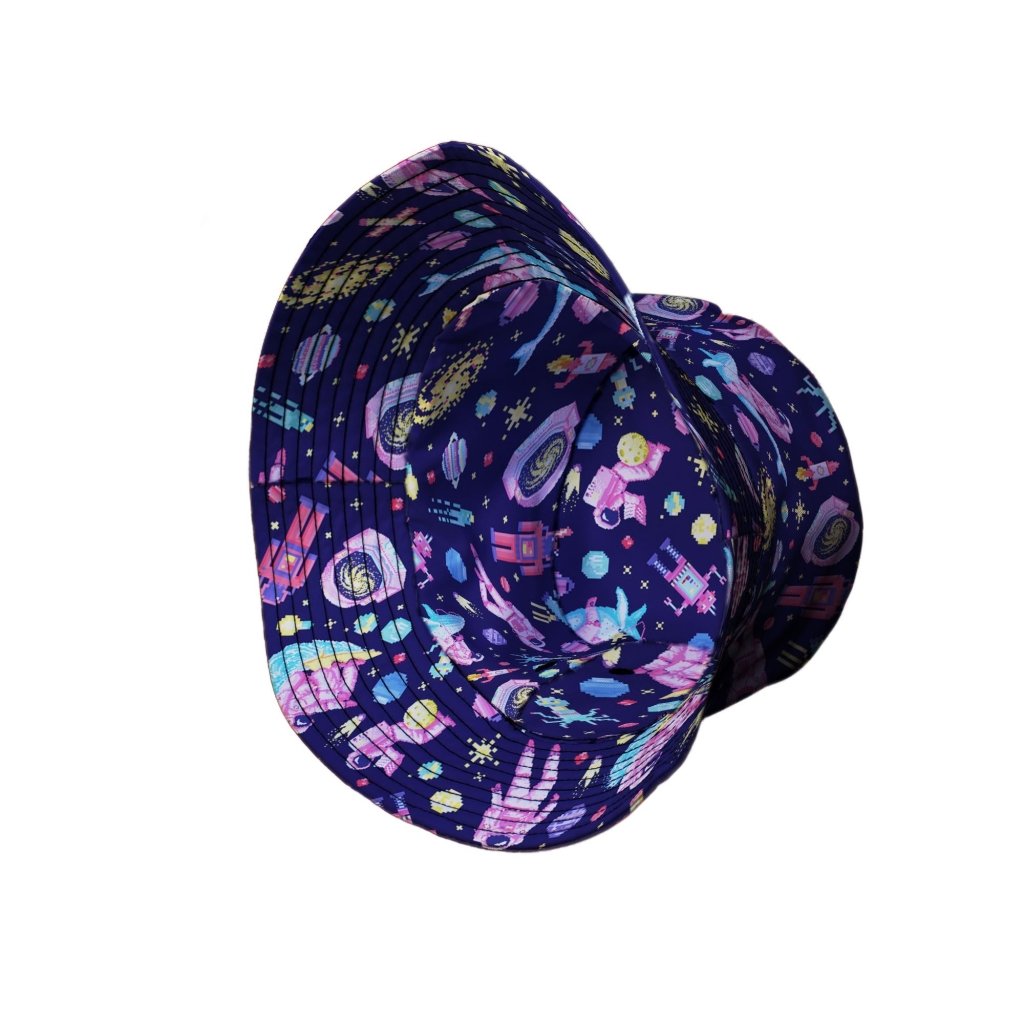 Astronaut Pixels Outer Space Purple Blue Bucket Hat - M - Black Stitching - -