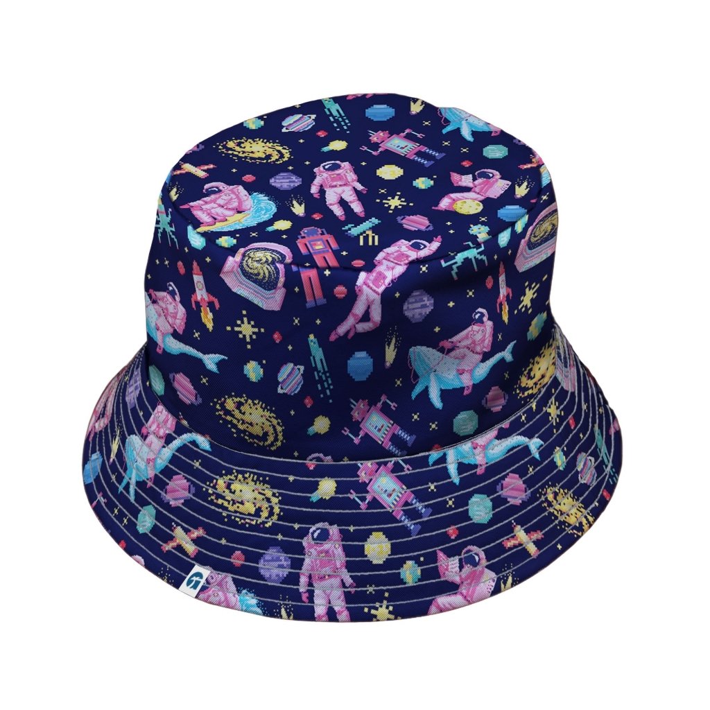 Astronaut Pixels Outer Space Purple Blue Bucket Hat - M - Black Stitching - -