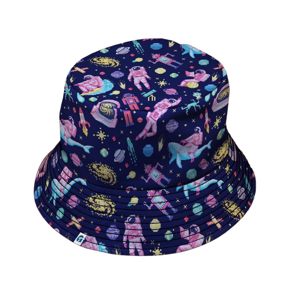 Astronaut Pixels Outer Space Purple Blue Bucket Hat - M - Grey Stitching - -