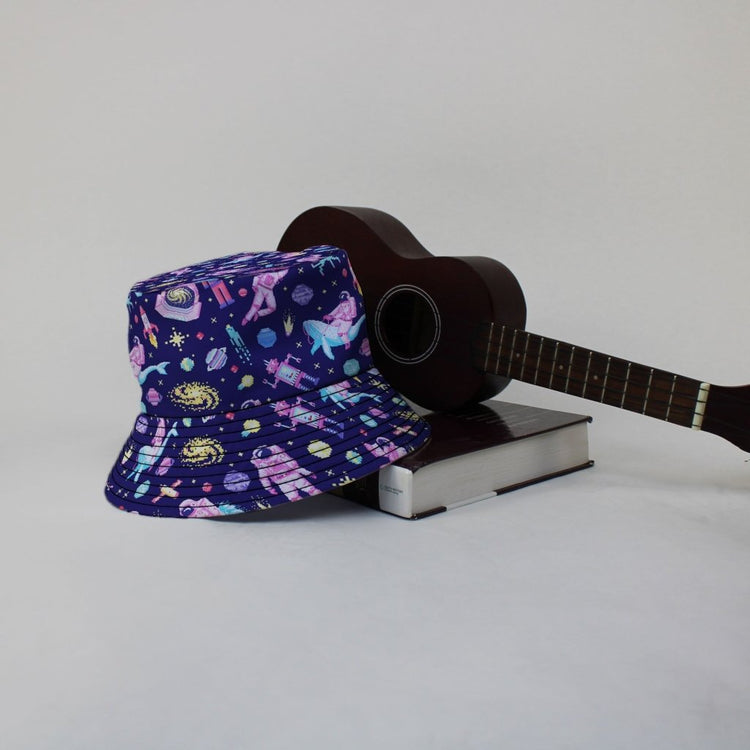 Astronaut Pixels Outer Space Purple Blue Bucket Hat - M - Black Stitching - -