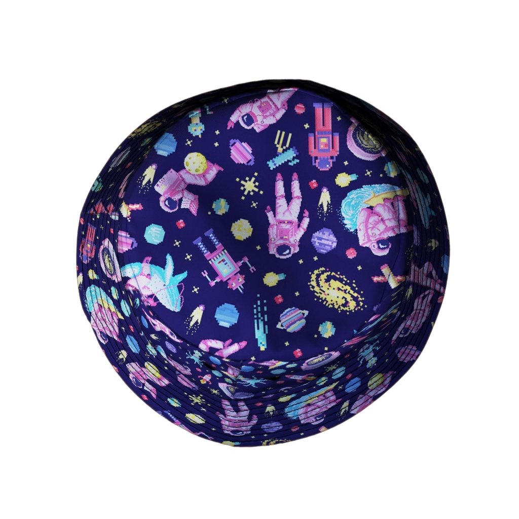 Astronaut Pixels Outer Space Purple Blue Bucket Hat - M - Black Stitching - -