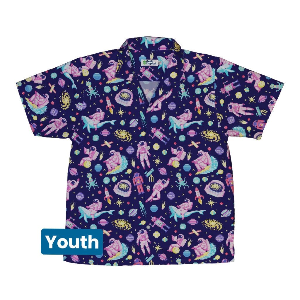 Astronaut Pixels Outer Space Purple Blue Youth Hawaiian Shirt - YXS - -