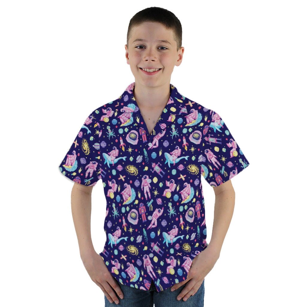 Astronaut Pixels Outer Space Purple Blue Youth Hawaiian Shirt - YM - -