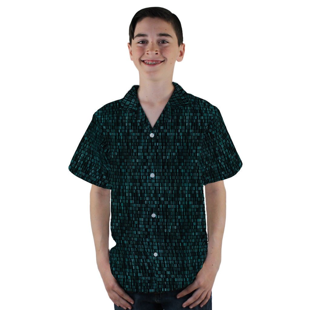 Binary Computers and 0s Teal Black Youth Hawaiian Shirt - YL - -