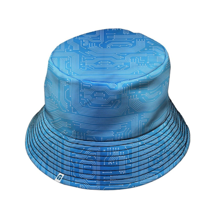 Blue Computer Circuit Board Bucket Hat - M - Grey Stitching - -