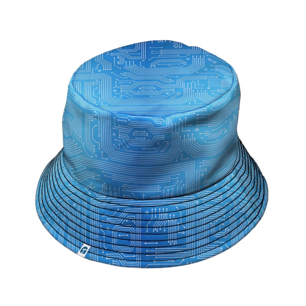 Blue Computer Circuit Board Bucket Hat - M - Grey Stitching - -