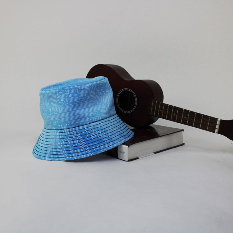 Blue Computer Circuit Board Bucket Hat - M - Grey Stitching - -