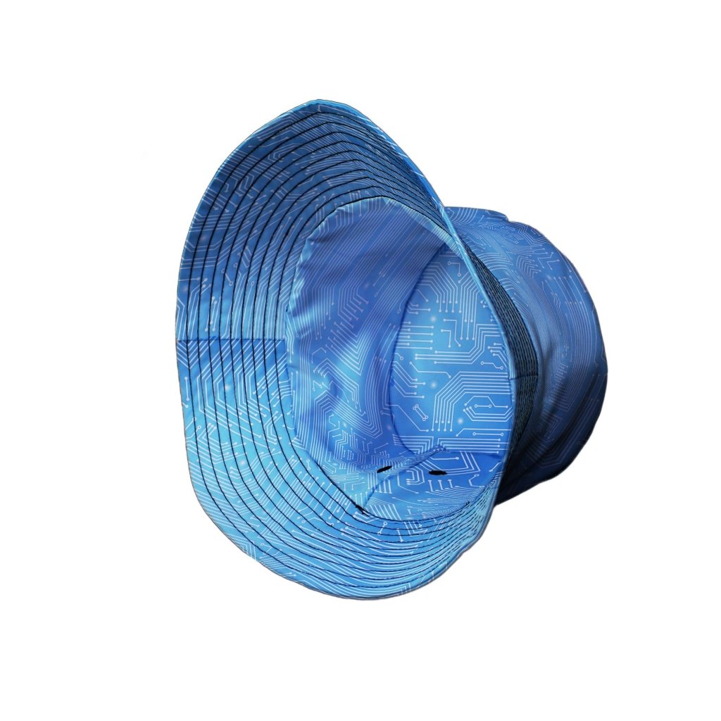 Blue Computer Circuit Board Bucket Hat - M - Grey Stitching - -