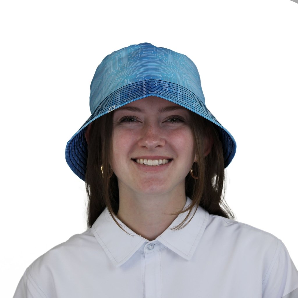 Blue Computer Circuit Board Bucket Hat - M - Grey Stitching - -