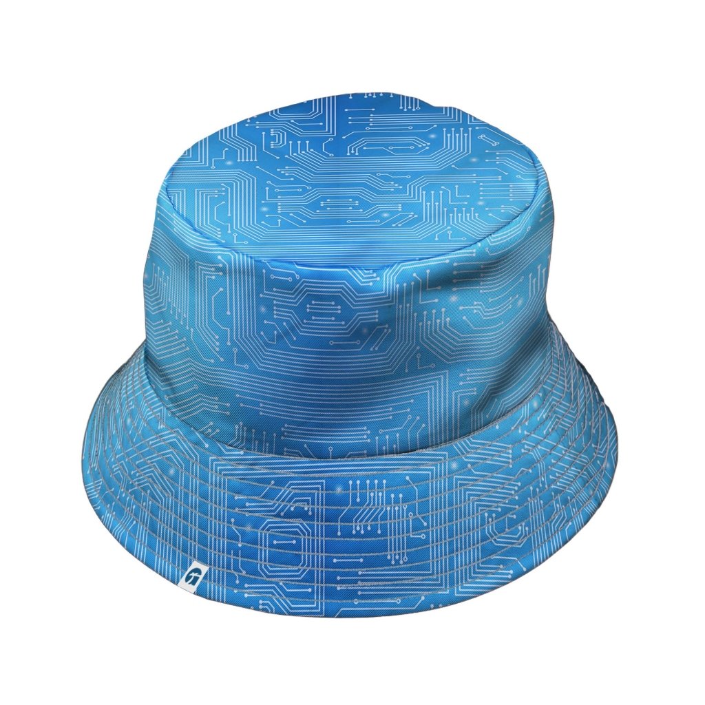 Blue Computer Circuit Board Bucket Hat - M - Black Stitching - -