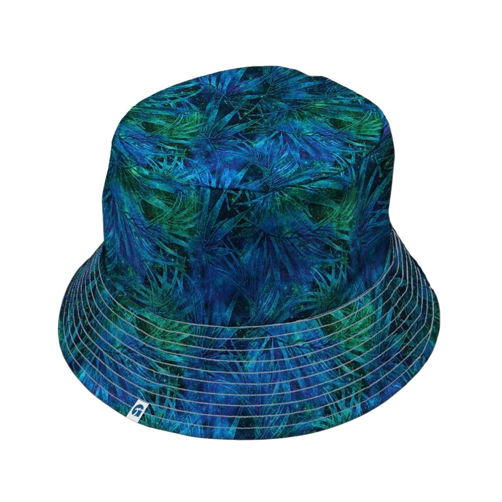 Blue Green Hawaiian Space Bucket Hat - M - Black Stitching - -