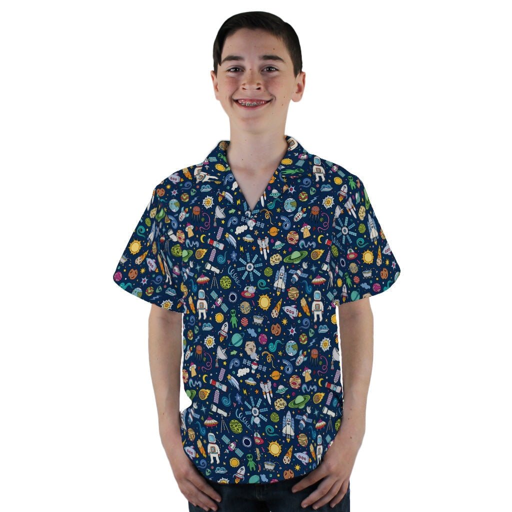 Cartoon Space Objects Outer Space Navy Youth Hawaiian Shirt - YL - -