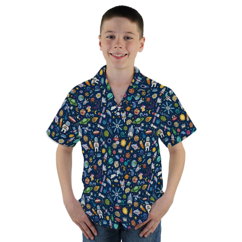 Cartoon Space Objects Outer Space Navy Youth Hawaiian Shirt - YM - -