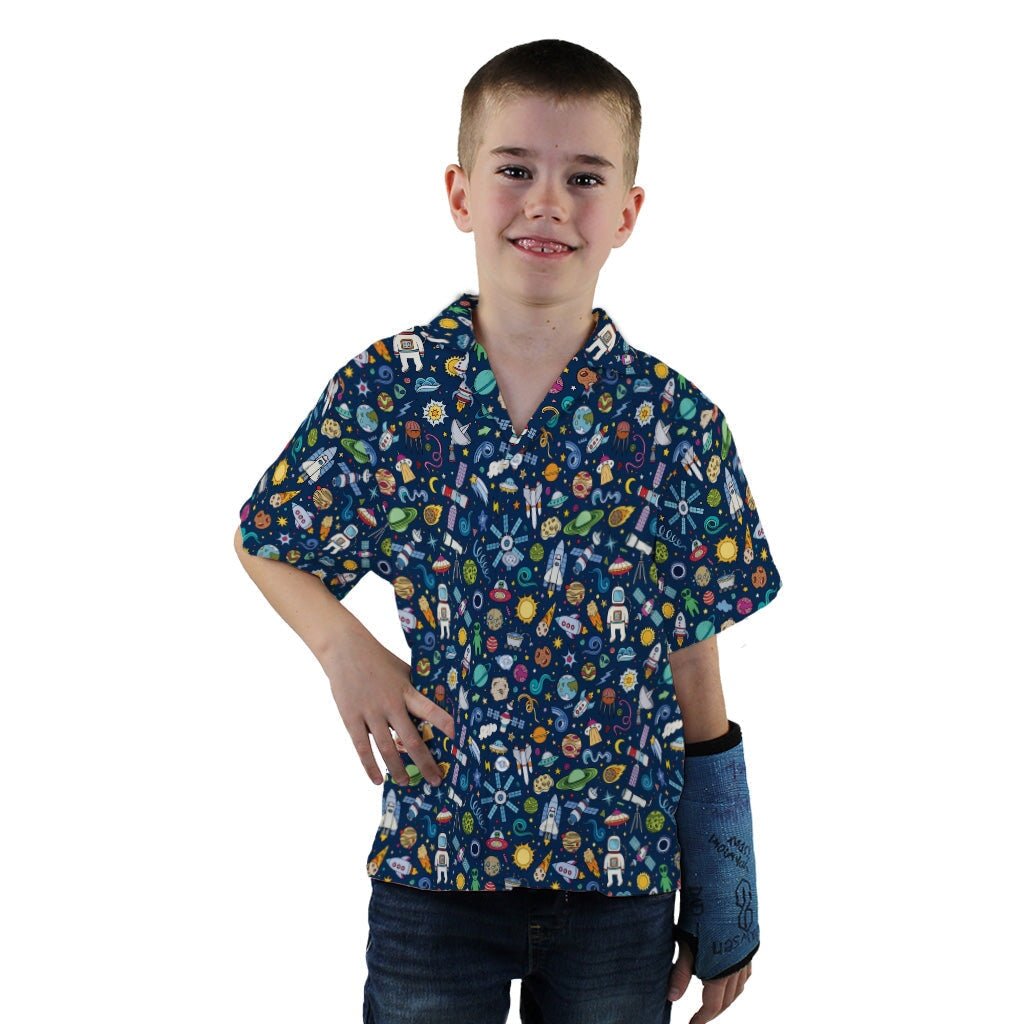Cartoon Space Objects Outer Space Navy Youth Hawaiian Shirt - YXS - -