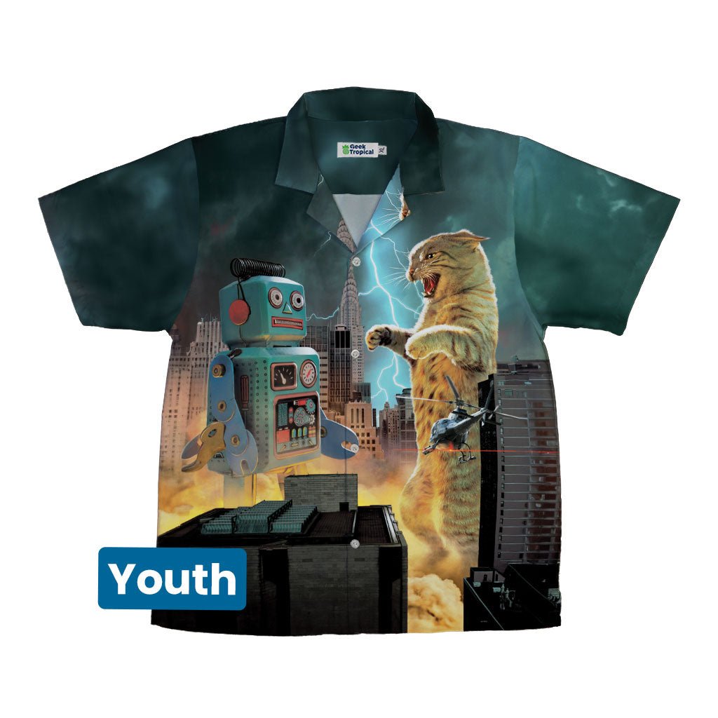 Catzilla vs Robot Youth Hawaiian Shirt - YXS - -