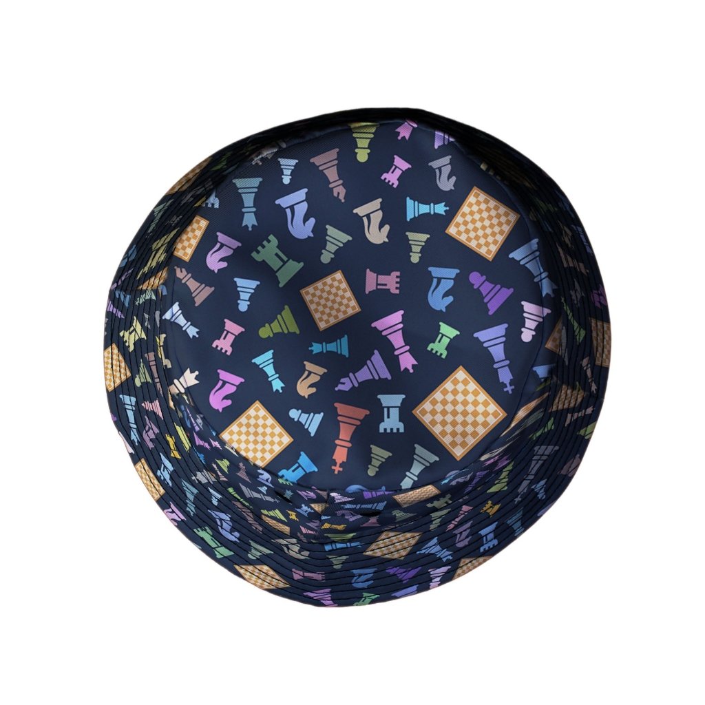 Chess Colorful Pieces Board Blue Bucket Hat - M - Black Stitching - -