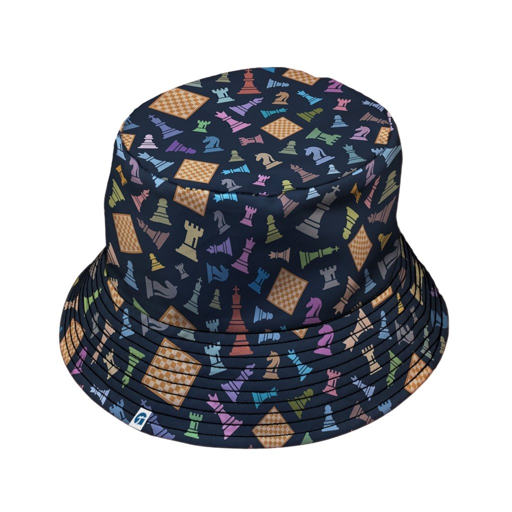 Chess Colorful Pieces Board Blue Bucket Hat - M - Grey Stitching - -