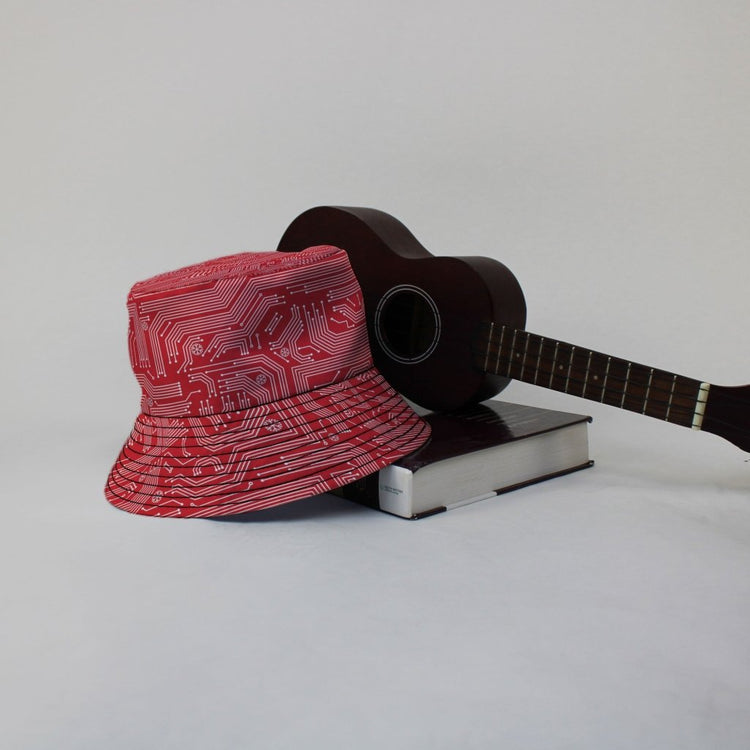 Christmas Red Computer Circuit Board Bucket Hat - M - Grey Stitching - -