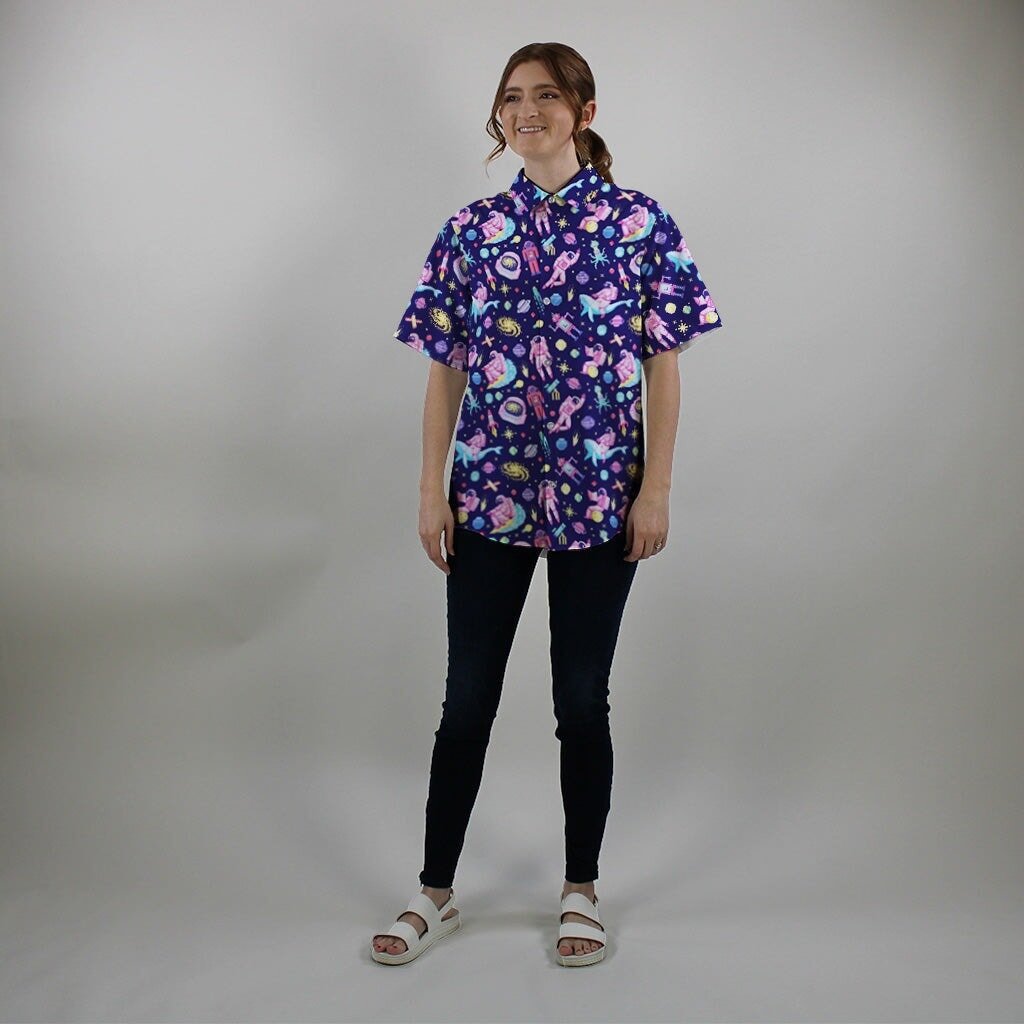 Clearance Ready-to-Ship Astronaut Pixels Outer Space Purple Blue Button Up Shirt - S - Hawaiian Shirt - No Pocket -