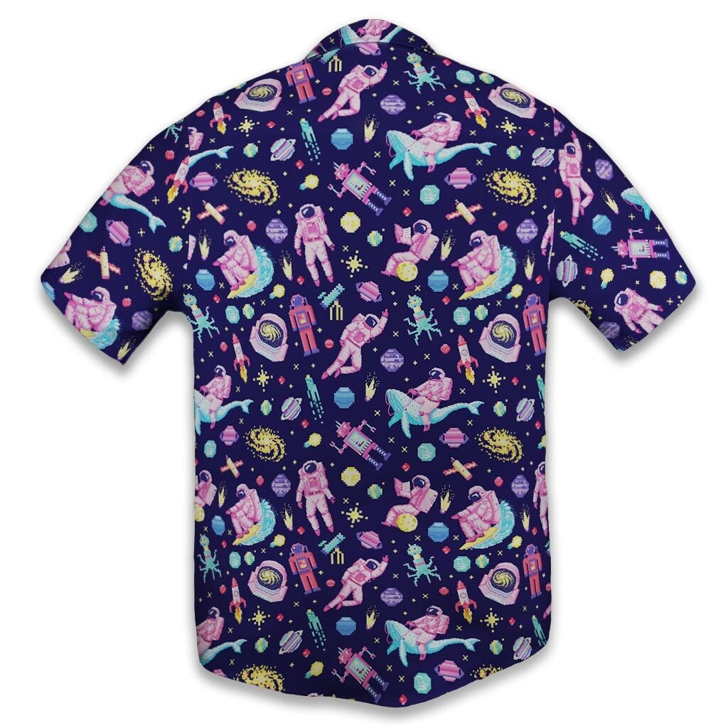 Clearance Ready-to-Ship Astronaut Pixels Outer Space Purple Blue Button Up Shirt - S - Hawaiian Shirt - No Pocket -