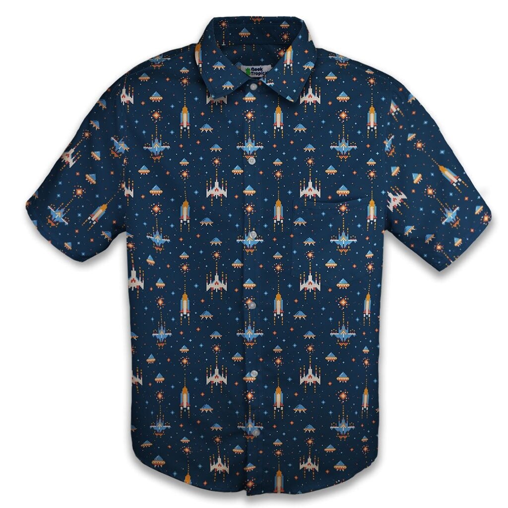 Clearance Ready-to-Ship Space Retro Arcade Video Game Blue Gray Button Up Shirt - S - Button Down Shirt - No Pocket -