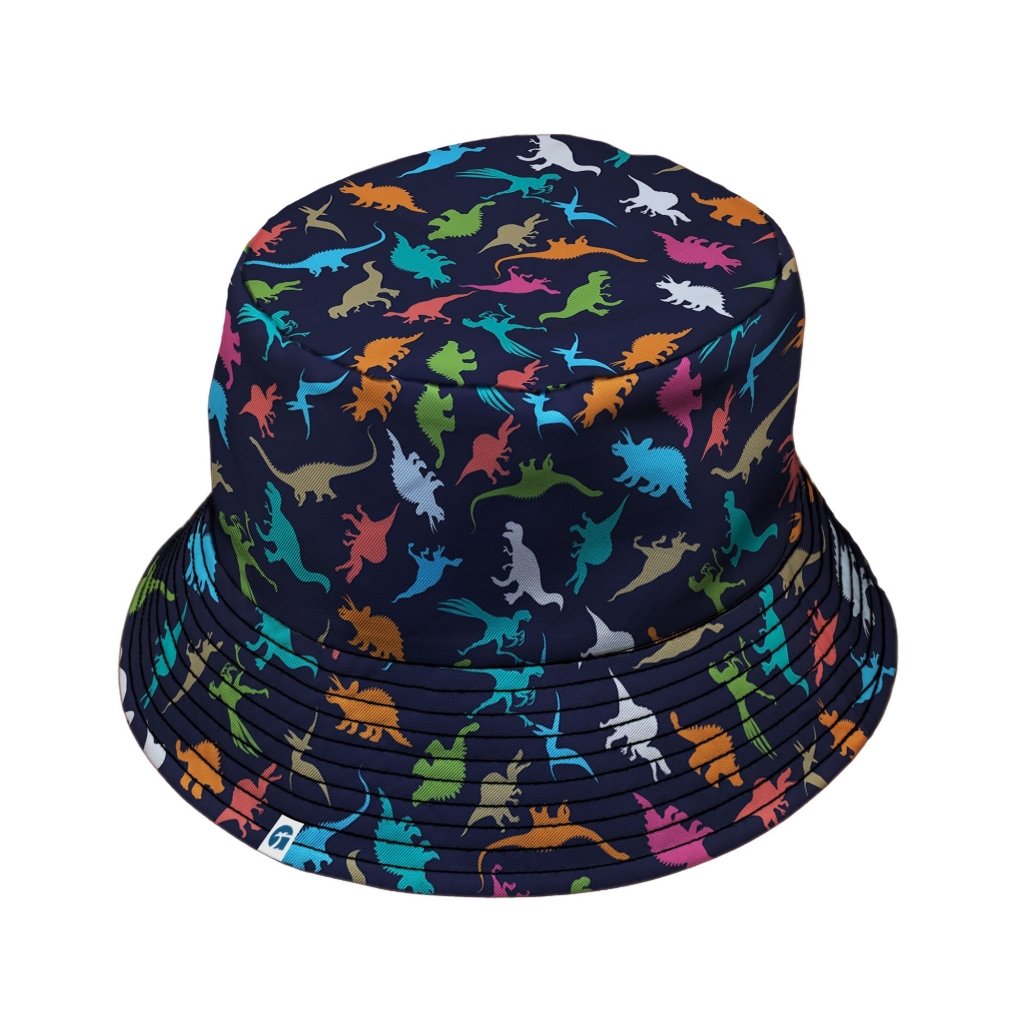 Colorful Dinosaur Silhouettes Navy Bucket Hat - M - Grey Stitching - -