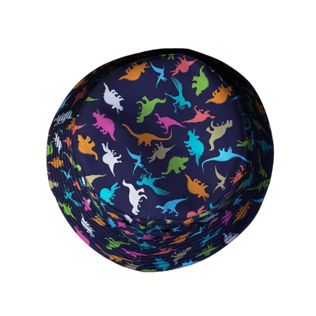 Colorful Dinosaur Silhouettes Navy Bucket Hat - M - Black Stitching - -