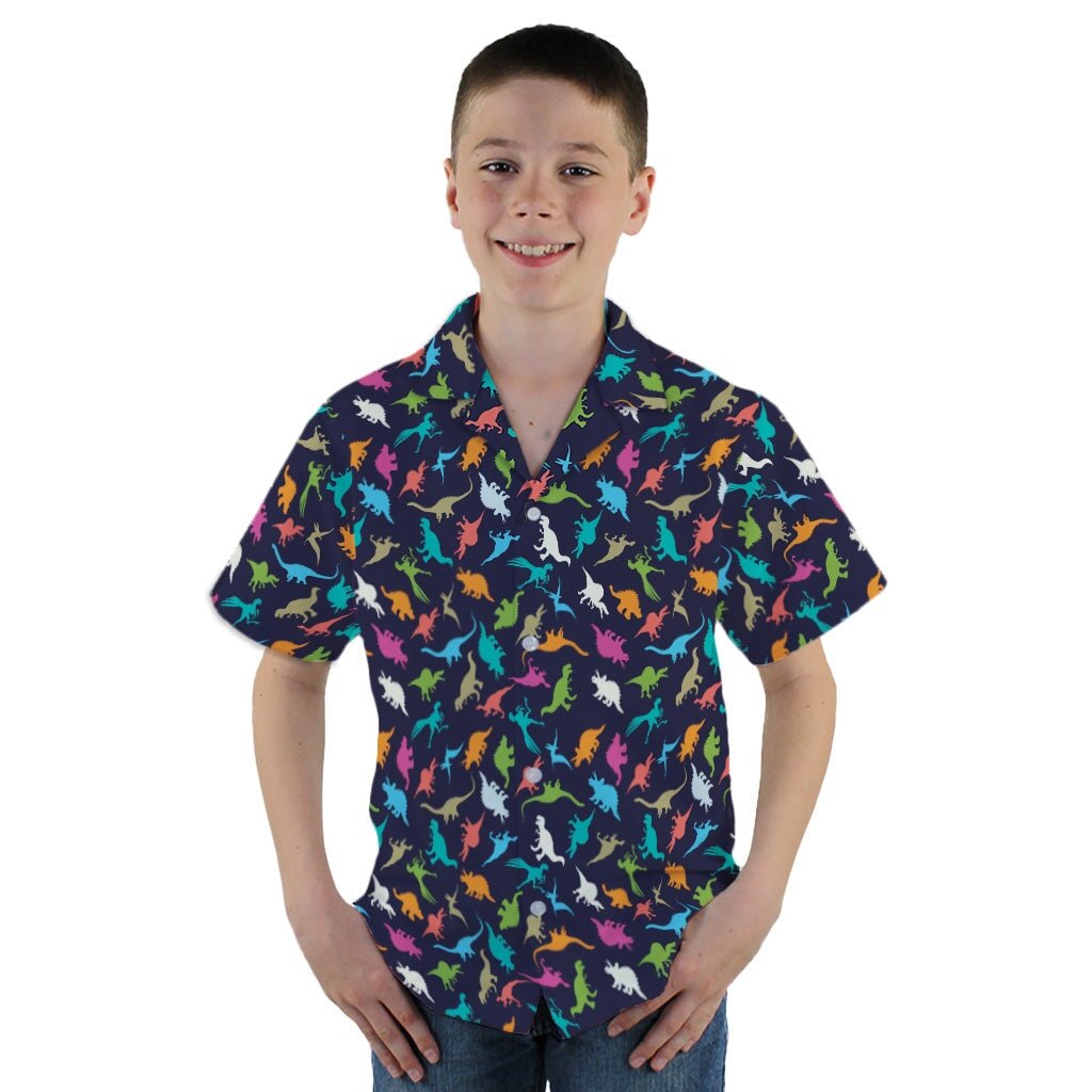 Colorful Dinosaur Silhouettes Navy Youth Hawaiian Shirt - YM - -