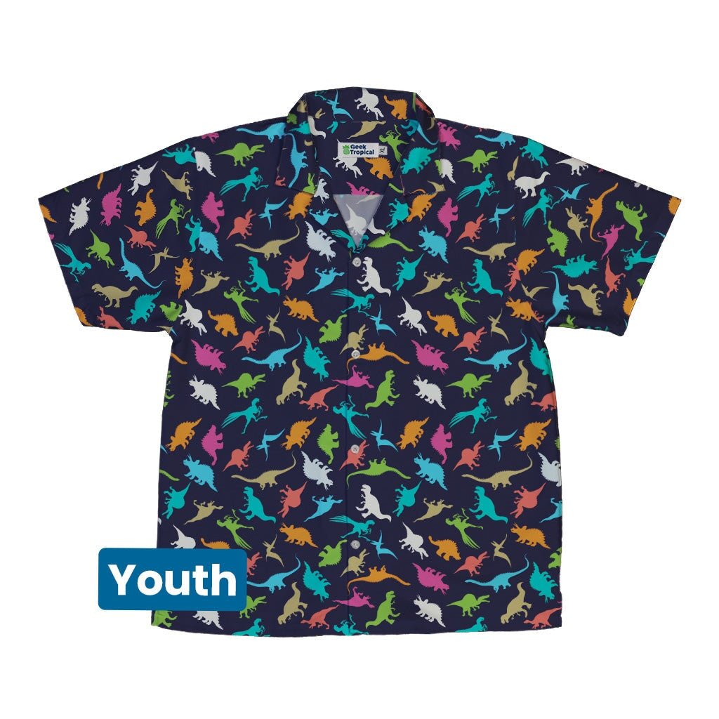 Colorful Dinosaur Silhouettes Navy Youth Hawaiian Shirt - YXS - -