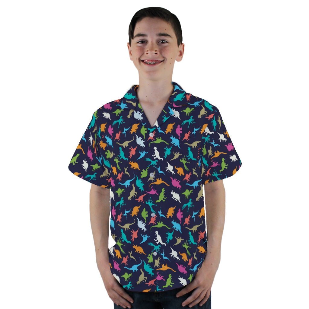 Colorful Dinosaur Silhouettes Navy Youth Hawaiian Shirt - YL - -