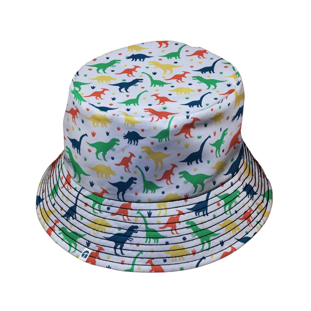 Colorful Dinosaur Silhouettes White Bucket Hat - M - Grey Stitching - -
