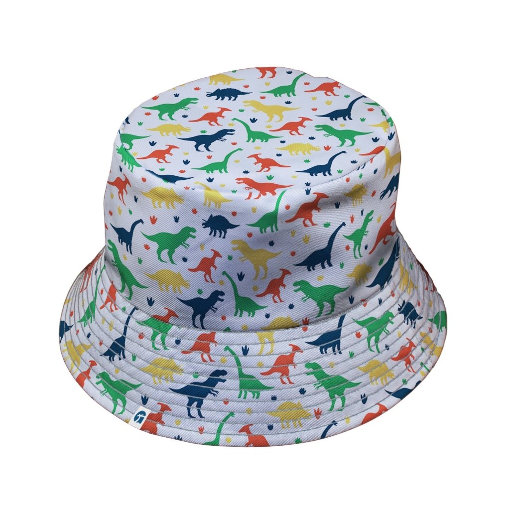 Colorful Dinosaur Silhouettes White Bucket Hat - M - Black Stitching - -