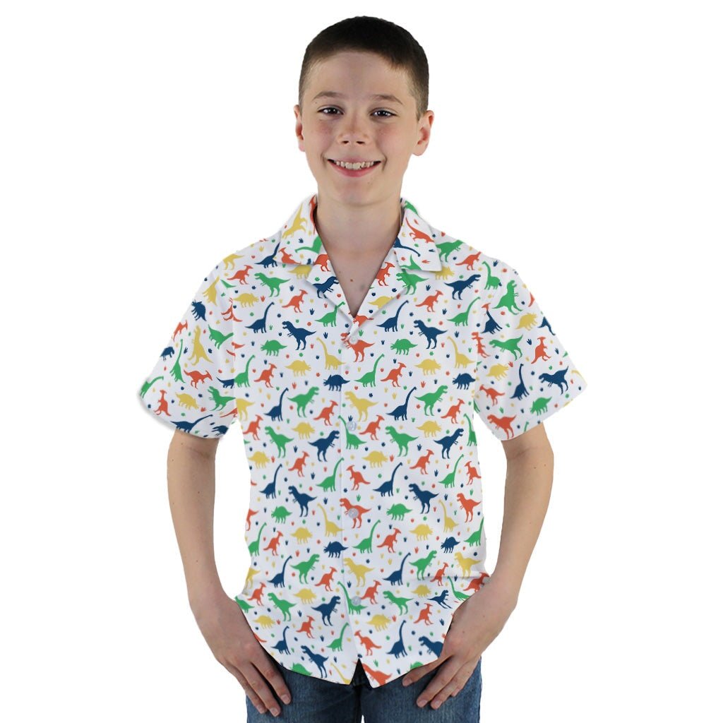 Colorful Dinosaur Silhouettes White Youth Hawaiian Shirt - YM - -