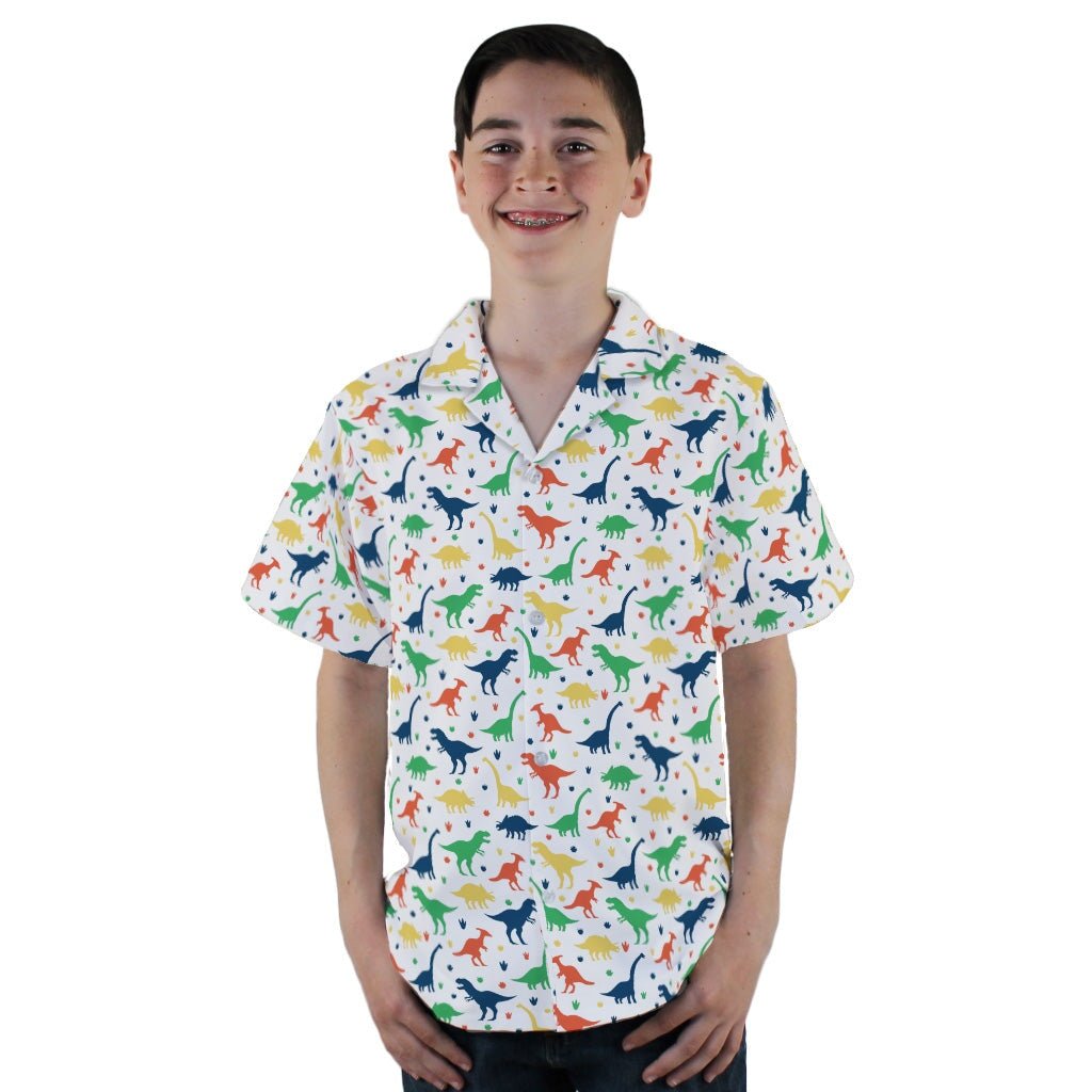 Colorful Dinosaur Silhouettes White Youth Hawaiian Shirt - YL - -