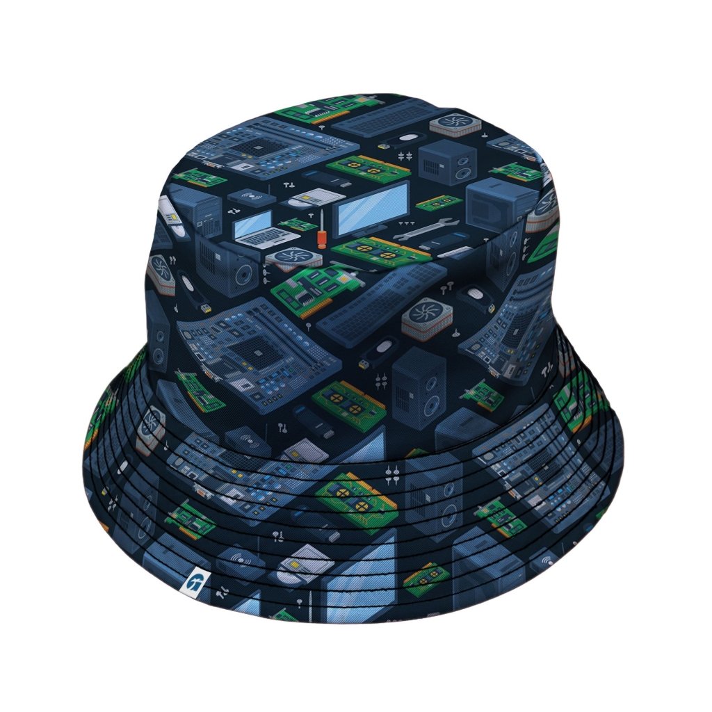 Computer Electronic Parts Dark Navy Bucket Hat - M - Grey Stitching - -