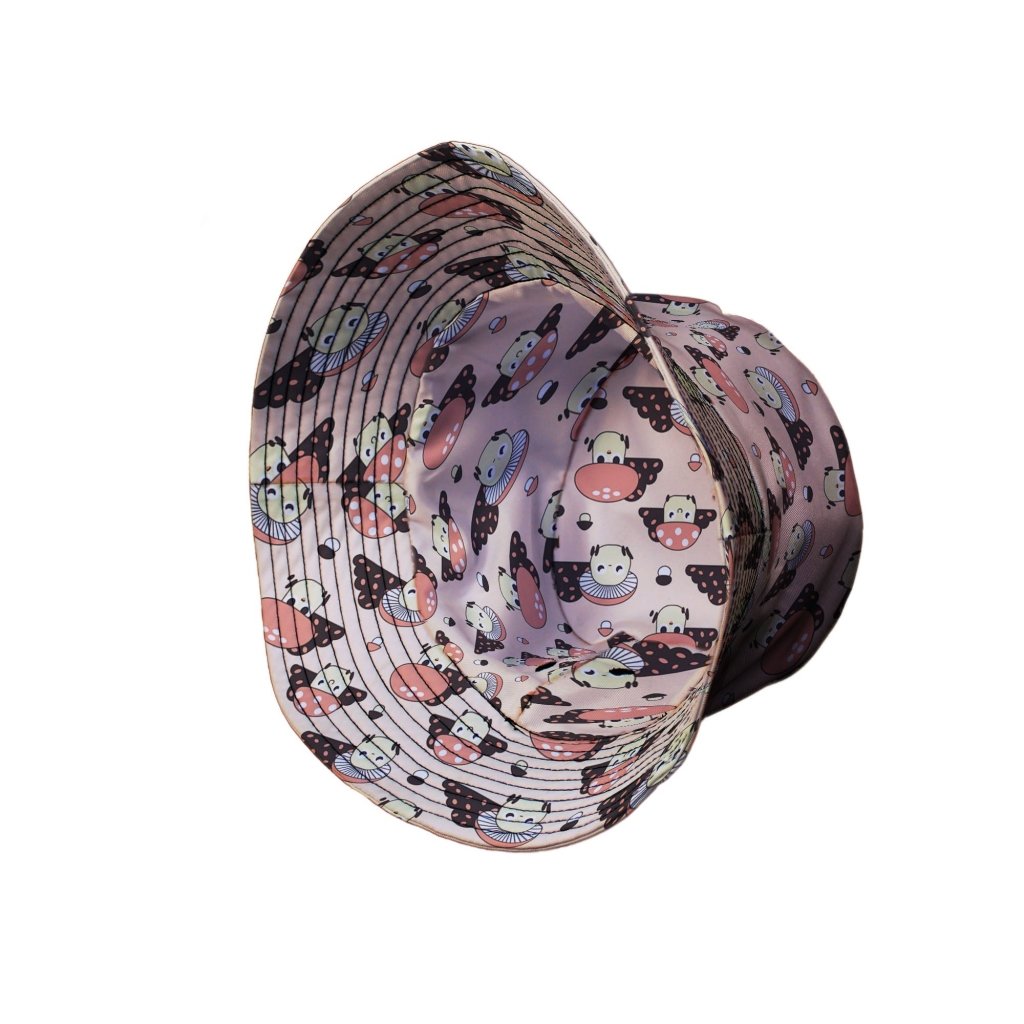 Cute Mushroom Fungi and Slime Orange Pink Video Game Bucket Hat - M - Black Stitching - -