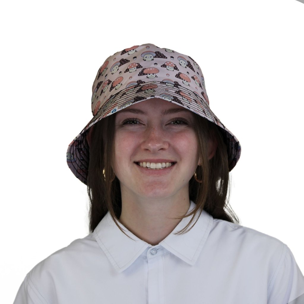 Cute Mushroom Fungi and Slime Orange Pink Video Game Bucket Hat - M - Black Stitching - -