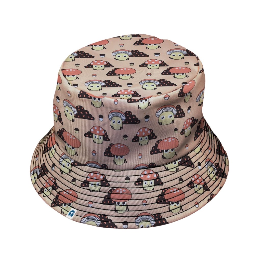 Cute Mushroom Fungi and Slime Orange Pink Video Game Bucket Hat - M - Grey Stitching - -