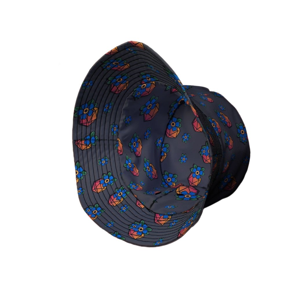 D20 Floral Hawaiian Gray Bucket Hat - M - Black Stitching - -