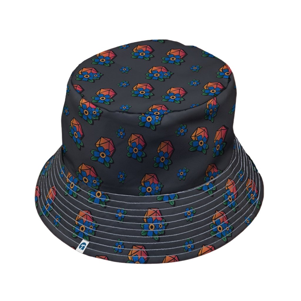 D20 Floral Hawaiian Gray Bucket Hat - M - Black Stitching - -