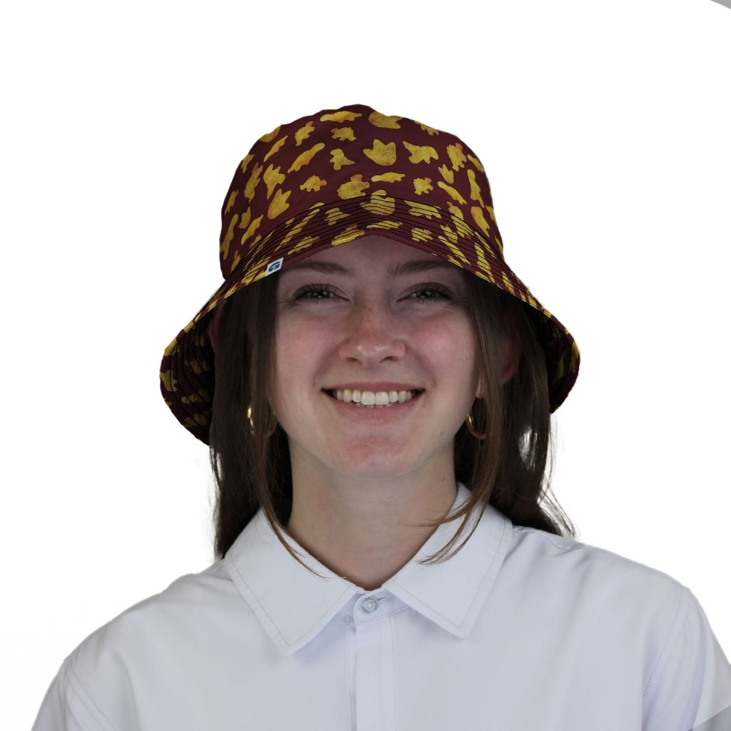 Dinosaur Chicken Nuggets Red Bucket Hat - M - Black Stitching - -